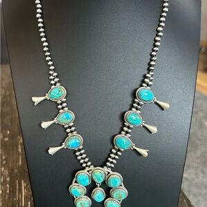 Kingman Turquoise Squash Blossom Sterling Silver Necklace